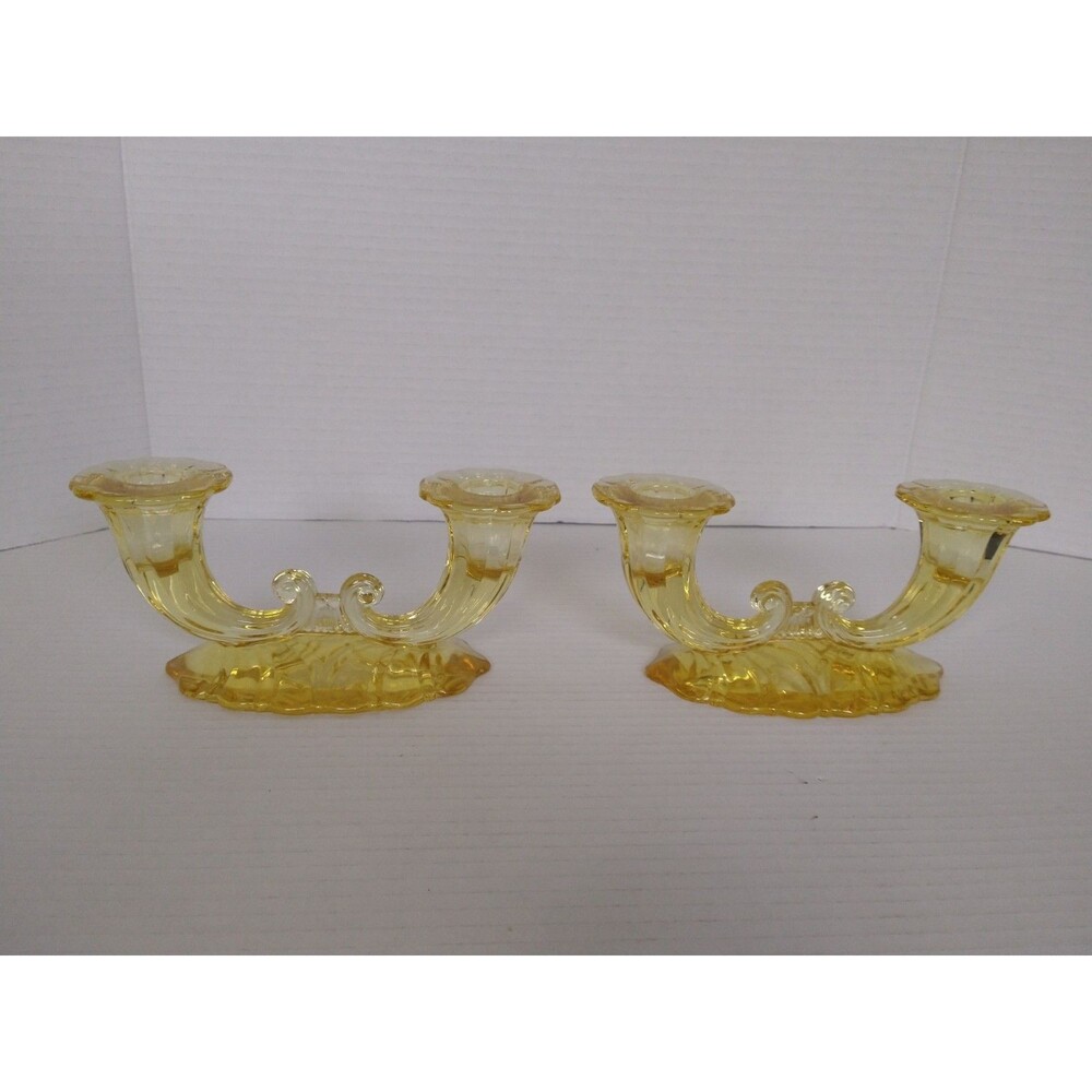 SET of 2 VTG WARWICK Heisey SAHARA yellow double light Candlesticks 1933 - 1937